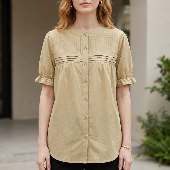 Duttini | Vintage Pintuck Button-Front Puff Sleeve Blouse