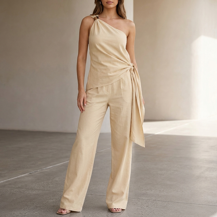 Duttini | Sculpted Tailored Asymmetrical One-Shoulder Draped Two-Piece With Wide-Leg Trousers