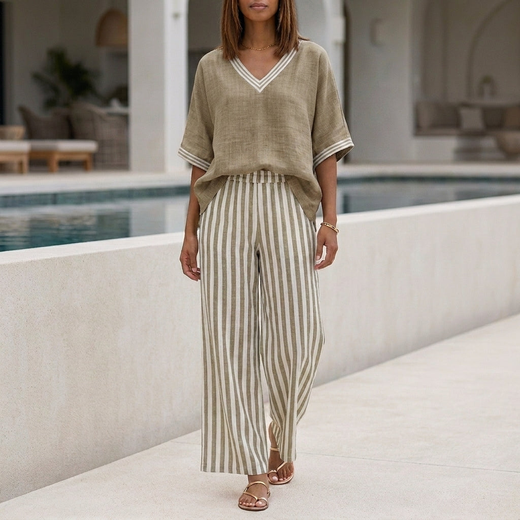 Duttini | Sculpted Relaxed V-Neck Two-Piece Set With Wide-Leg Striped Trousers