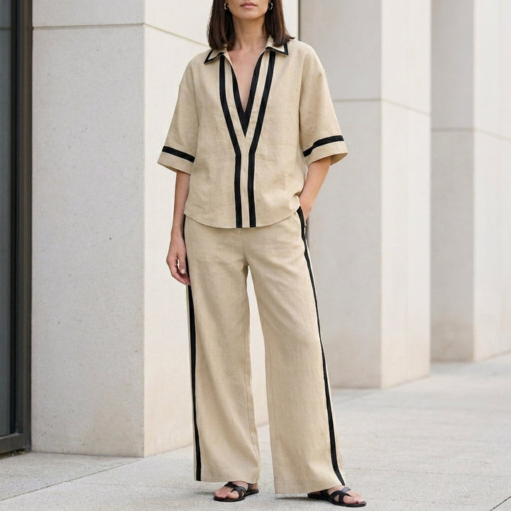 Duttini | Modern Coastal Chic Contrast Trim Top And Wide-Leg Pants Set