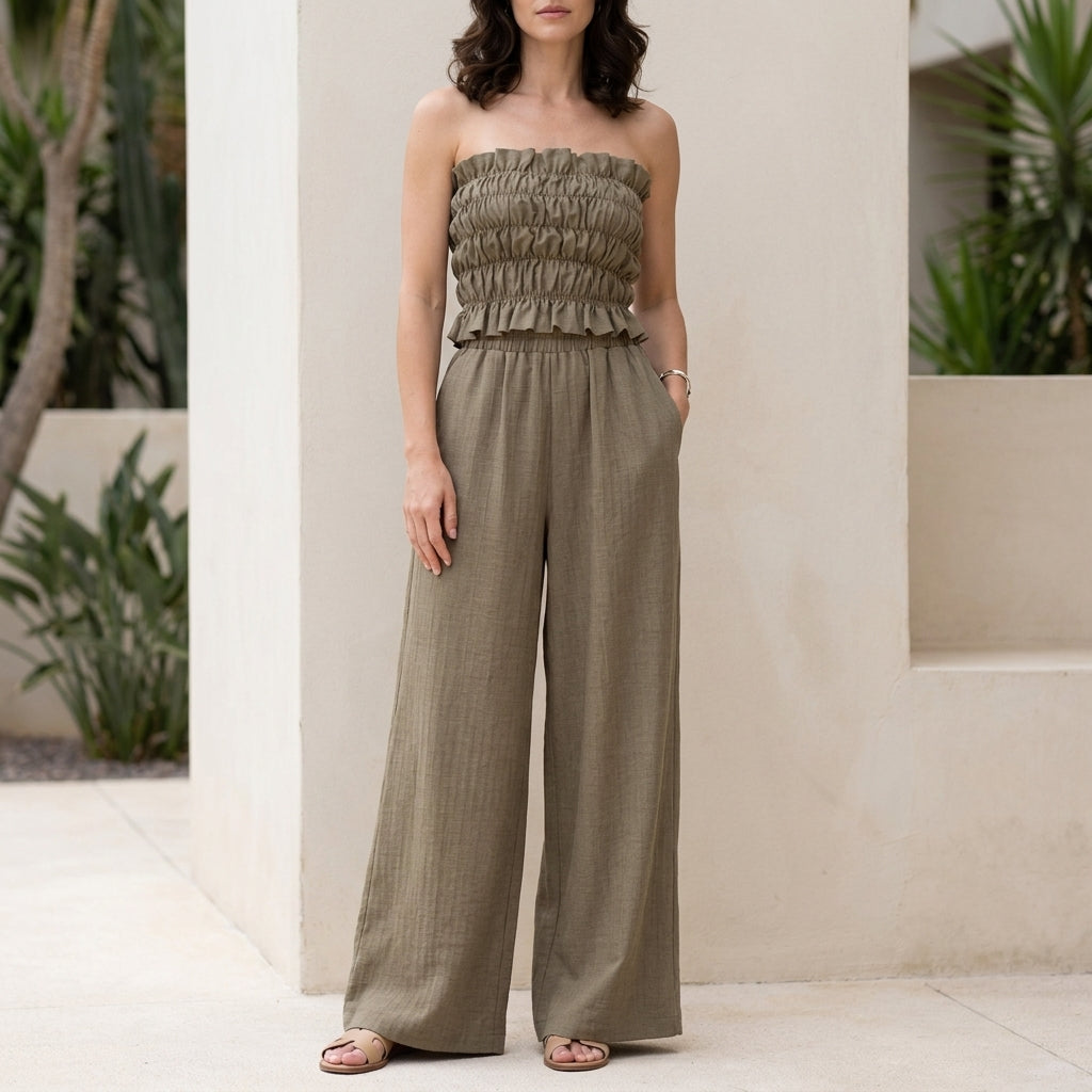 Duttini | Feminine Smocked Strapless Top And Wide-Leg Pants Resort Set