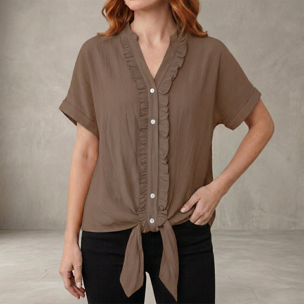 Duttini | Flowing Willow Grace Ruffle Trim Tie-Front Blouse