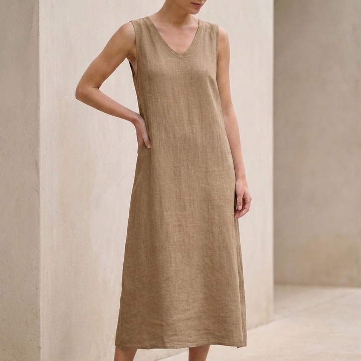 Duttini | Effortless Cotton Linen V-Neck Sleeveless Shift Midi Dress With Pockets