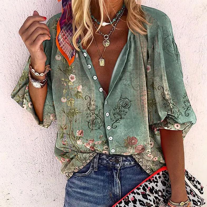 Duttini | Boho Print Blouse V-Neck Long Sleeve Button Down