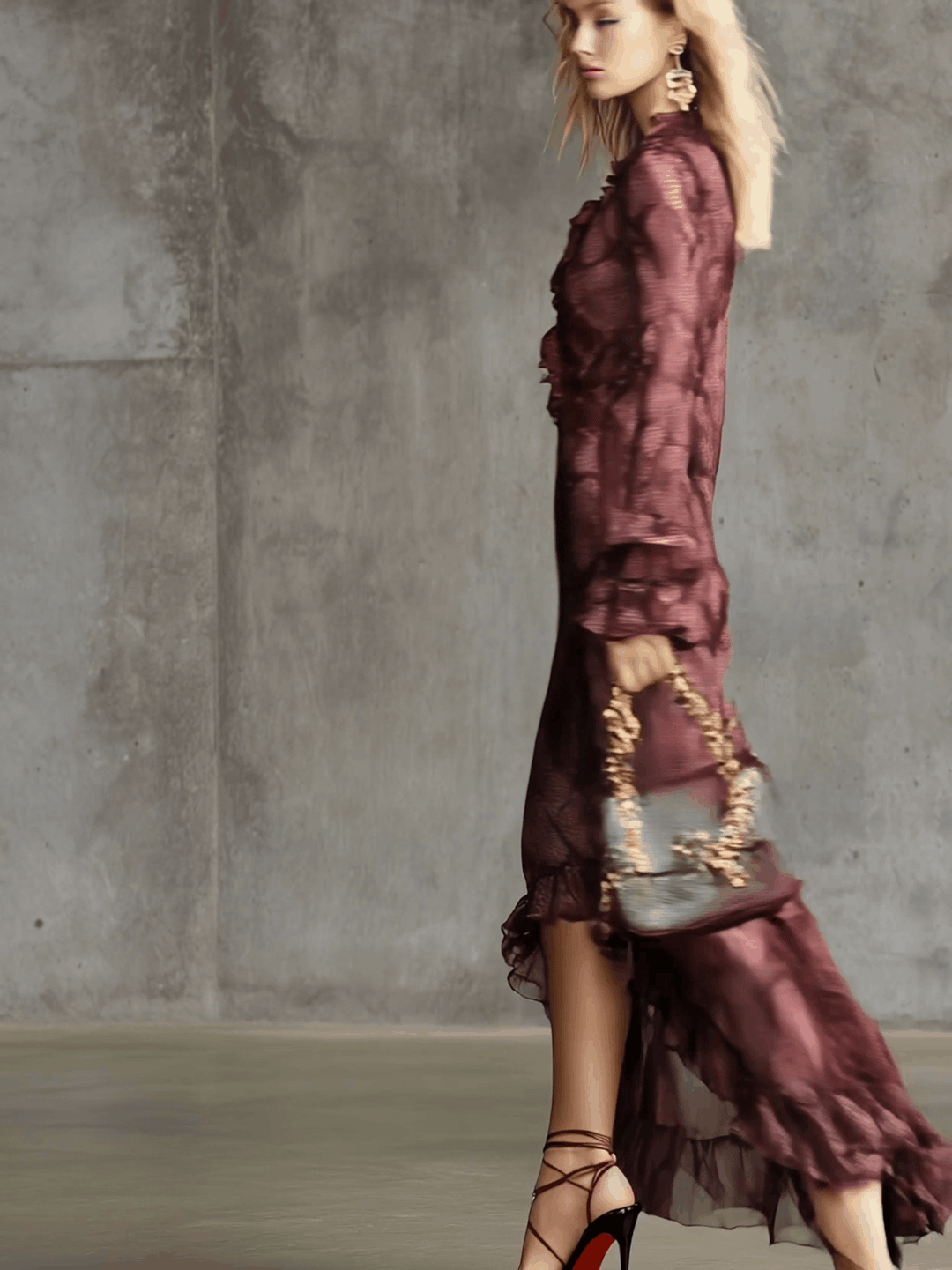 Duttini | Burgundy Chiffon Ruffle Evening Dress