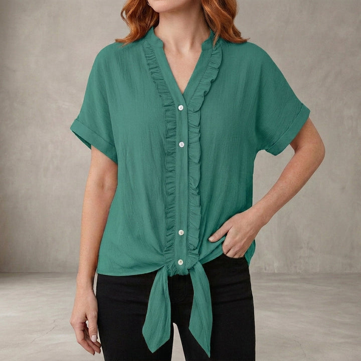 Duttini | Flowing Willow Grace Ruffle Trim Tie-Front Blouse