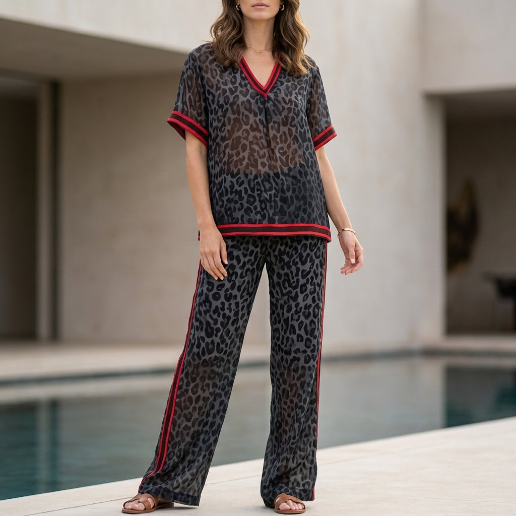 Duttini | Romantic Leopard Print Chiffon Lounge Set With Relaxed Wide-Leg Silhouette