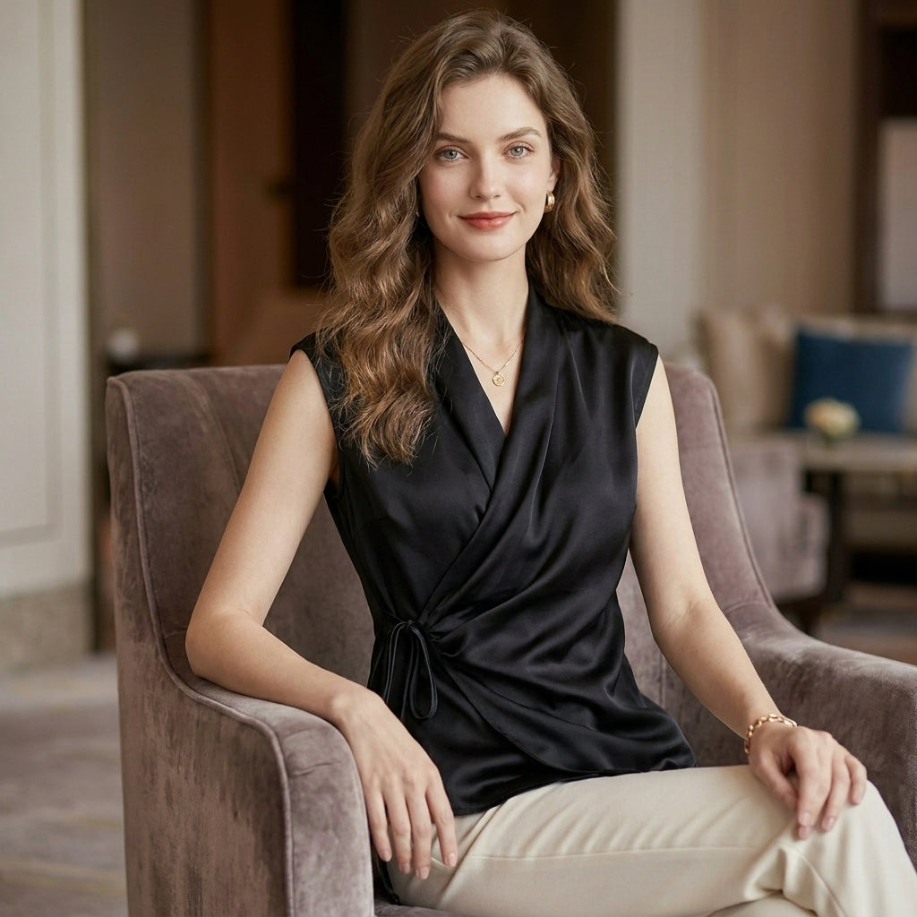 Duttini | Refined Tailored Sleeveless Wrap Blouse With Pleated Draping And Side Tie Closure