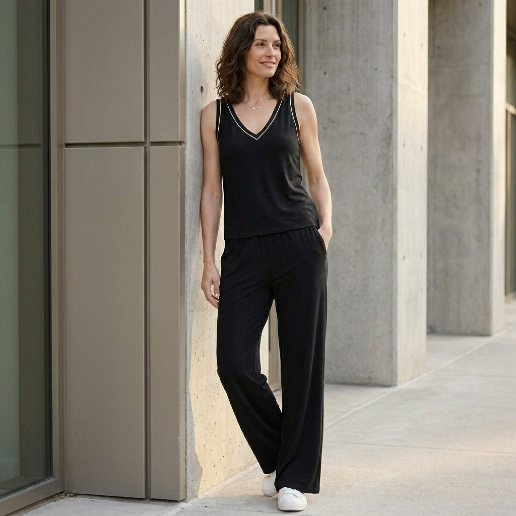 Duttini | Timeless Relaxed V-Neck Sleeveless Lounge Set With Wide-Leg Pants