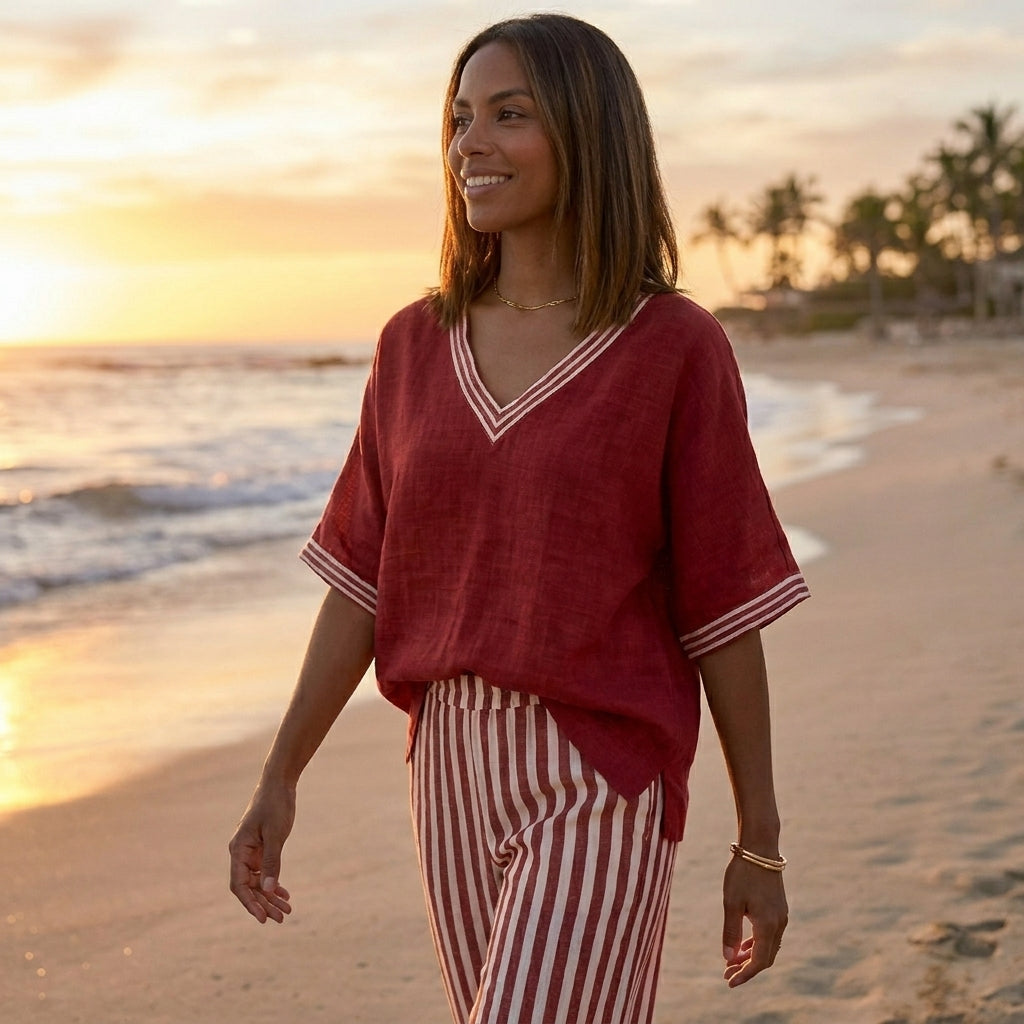 Duttini | Sculpted Relaxed V-Neck Two-Piece Set With Wide-Leg Striped Trousers