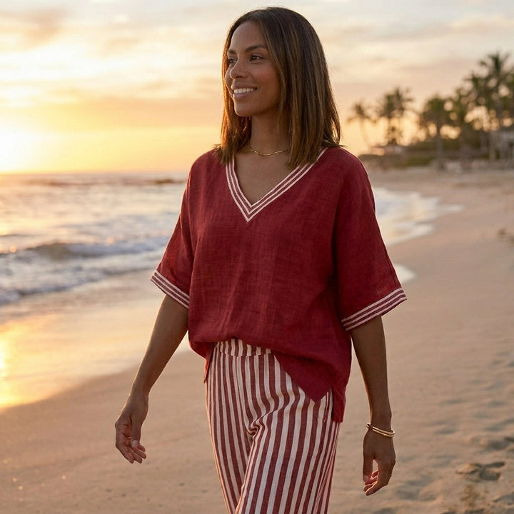 Duttini | Sculpted Relaxed V-Neck Two-Piece Set With Wide-Leg Striped Trousers