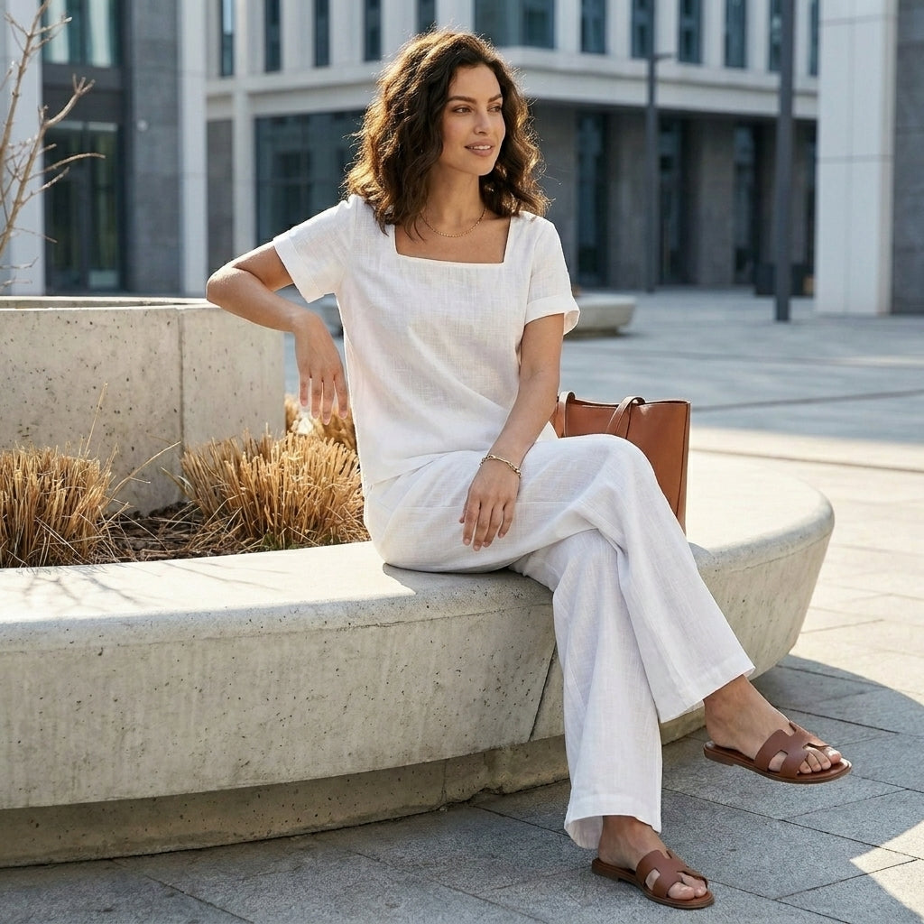 Duttini | Graceful Coastal Breeze Relaxed Top And Wide-Leg Pant Set