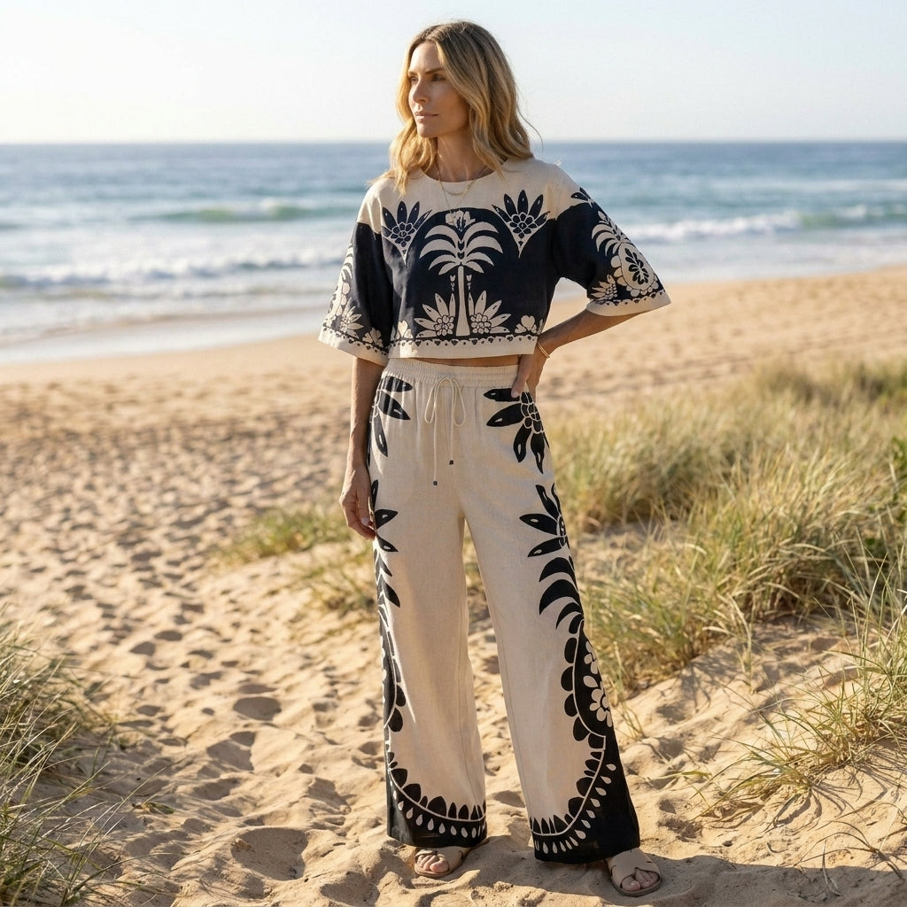 Duttini | Chic Printed Crop Top And Wide-Leg Pants Matching Set