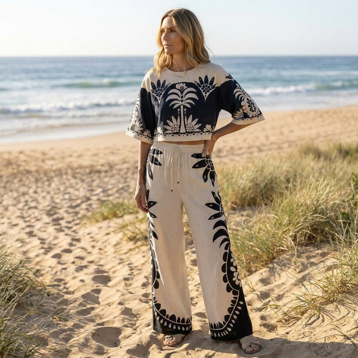 Duttini | Chic Printed Crop Top And Wide-Leg Pants Matching Set