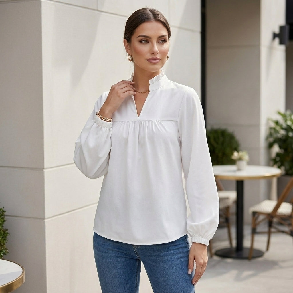 Duttini | Sculpted Relaxed Fit Puff Sleeve Blouse With Ruffled Split Neckline
