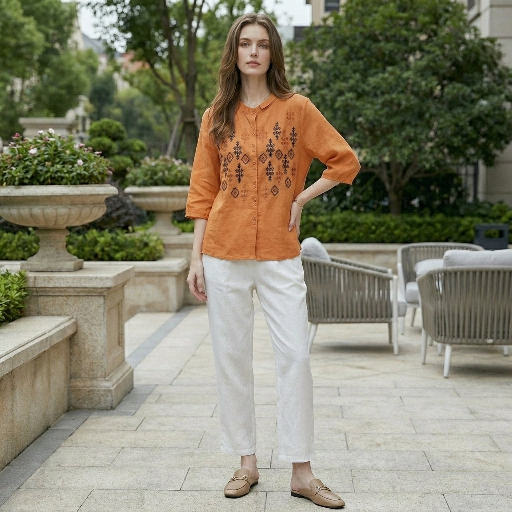 Duttini | Elegant Embroidered Geometric Button-Down Blouse With Stand Collar And Relaxed Fit