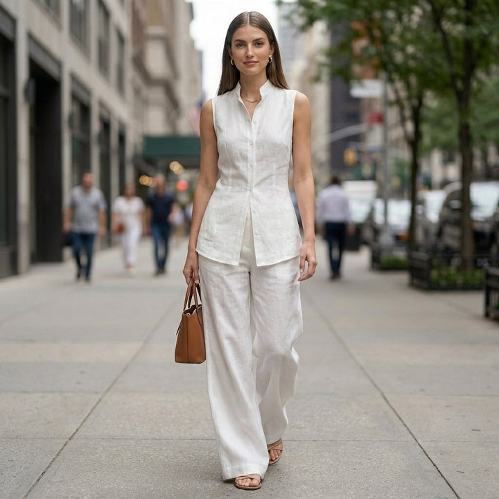 Duttini | Sophisticated Sleeveless High-Neck Two-Piece Set With Flowing Wide-Leg Trousers
