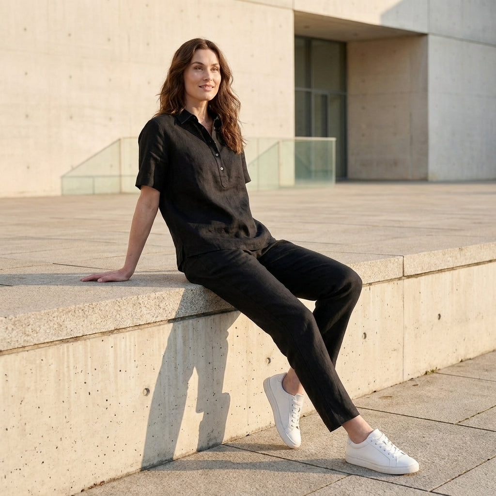 Duttini | Elegant Relaxed Button Front Collared Short Sleeve Blouse