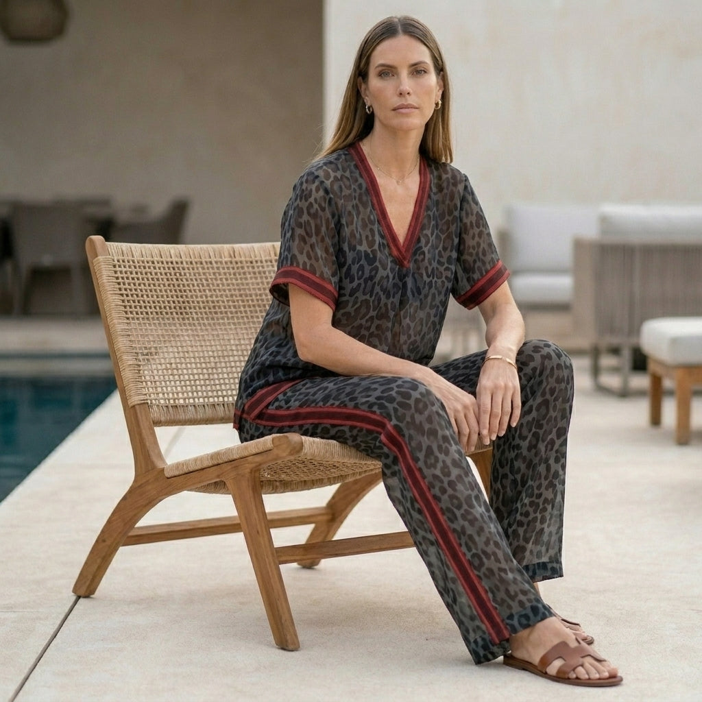 Duttini | Romantic Leopard Print Chiffon Lounge Set With Relaxed Wide-Leg Silhouette
