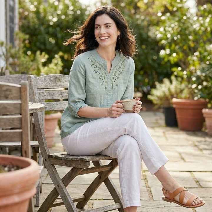 Duttini | Elegant Embroidered Notch Neck Relaxed Everyday Blouse