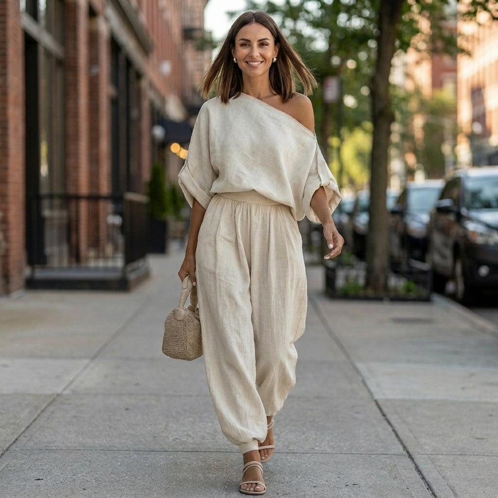 Duttini | Graceful Draped One-Shoulder Top With Voluminous Lantern Pants Set For Resort Chic
