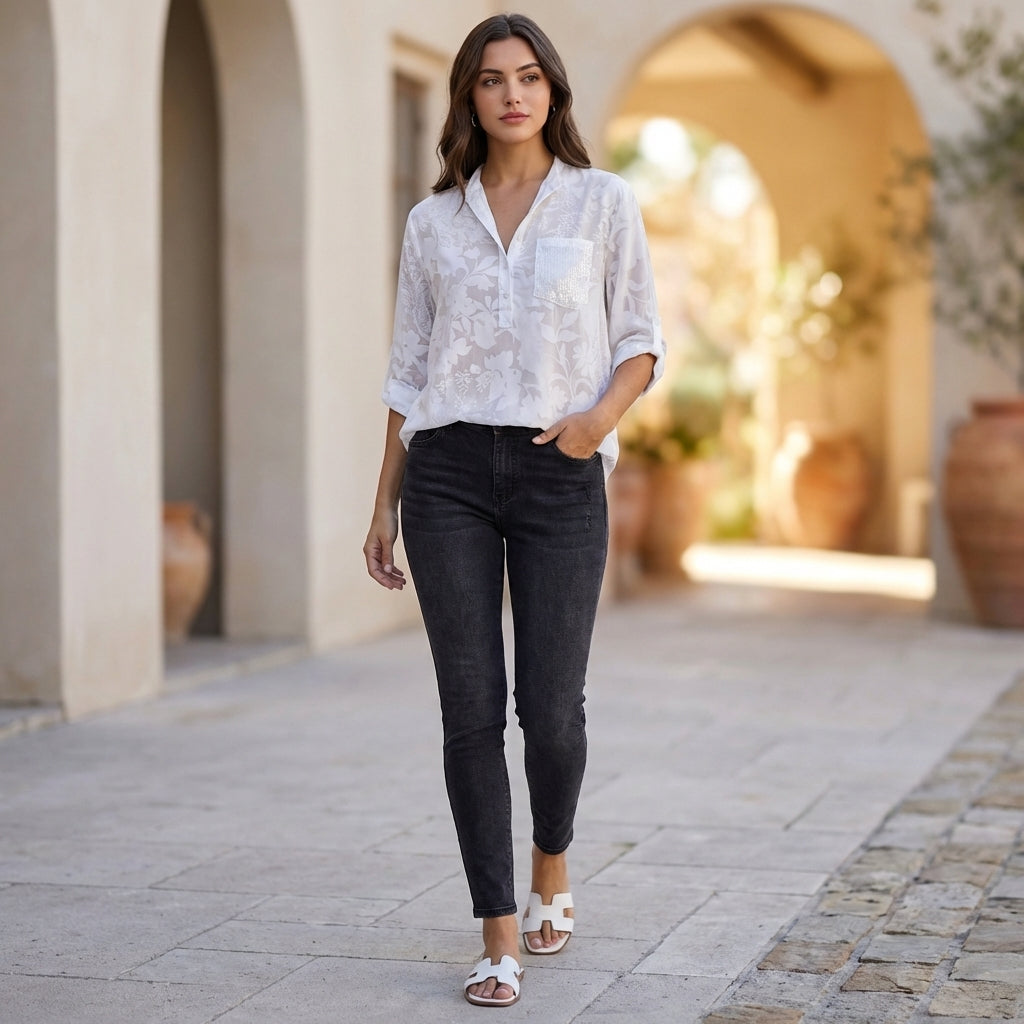 Duttini | Statement Relaxed Floral Burnout Blouse With Adjustable Roll-Tab Sleeves