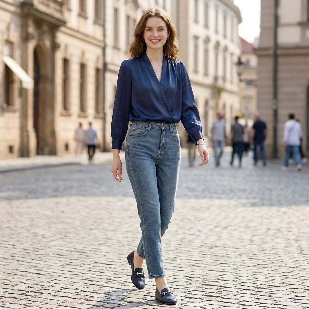 Duttini | Sophisticated Tailored V-Neck Puff Sleeve Blouse With Pleated Shoulders