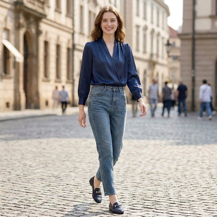 Duttini | Sophisticated Tailored V-Neck Puff Sleeve Blouse With Pleated Shoulders