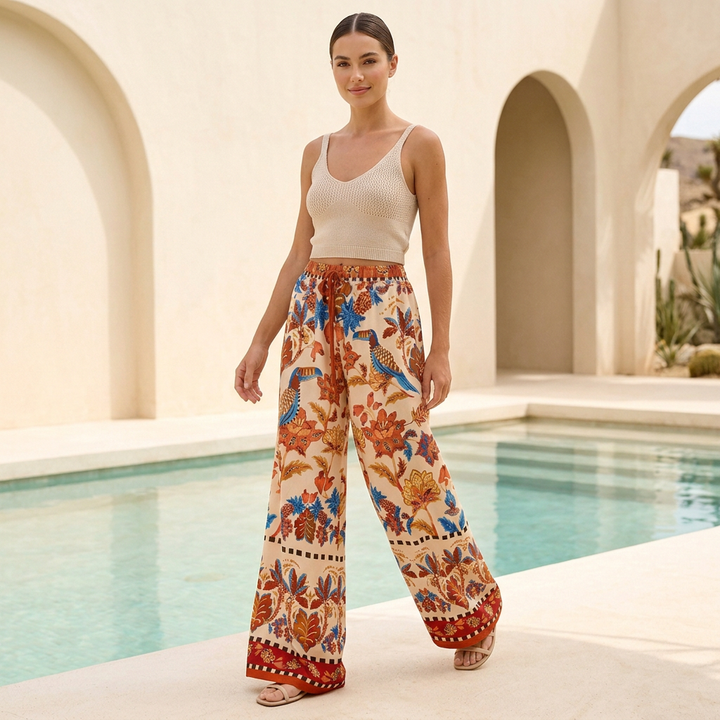 Duttini | Graceful Bohemian-Inspired Flowing Wide-Leg Pants With High Waist And Border Detail