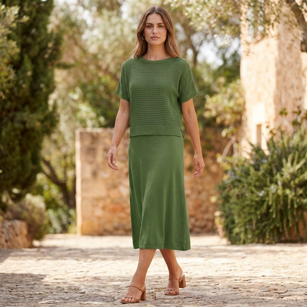 Duttini | Flowing Midi Dress And Cropped Open-Knit Mesh Top Set