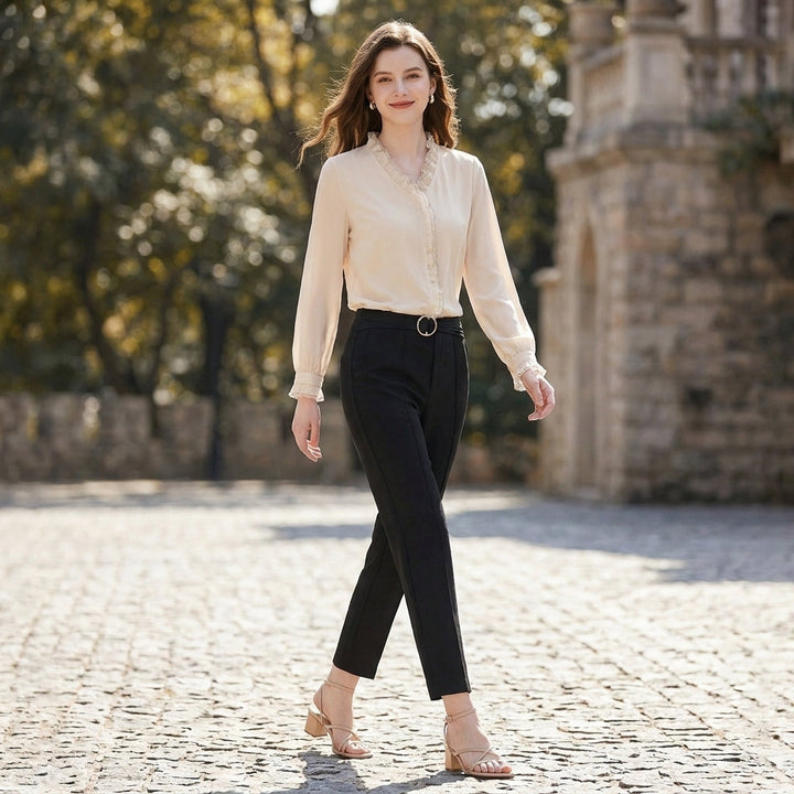 Duttini | Elegant Long Sleeve Sheer Chiffon Blouse With Ruffled V-Neckline
