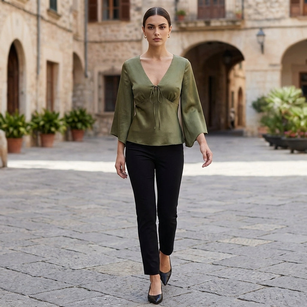 Duttini | Effortless Tailored Tie-Front Blouse With Empire Waist And Flared Sleeves