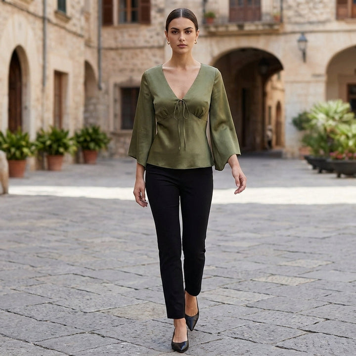 Duttini | Effortless Tailored Tie-Front Blouse With Empire Waist And Flared Sleeves