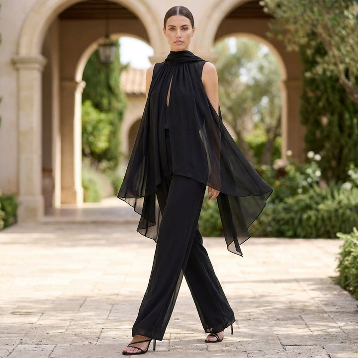 Duttini | Flowing Chiffon Halter Top And Pants Set With Pleated High-Neck And Tiered Hem