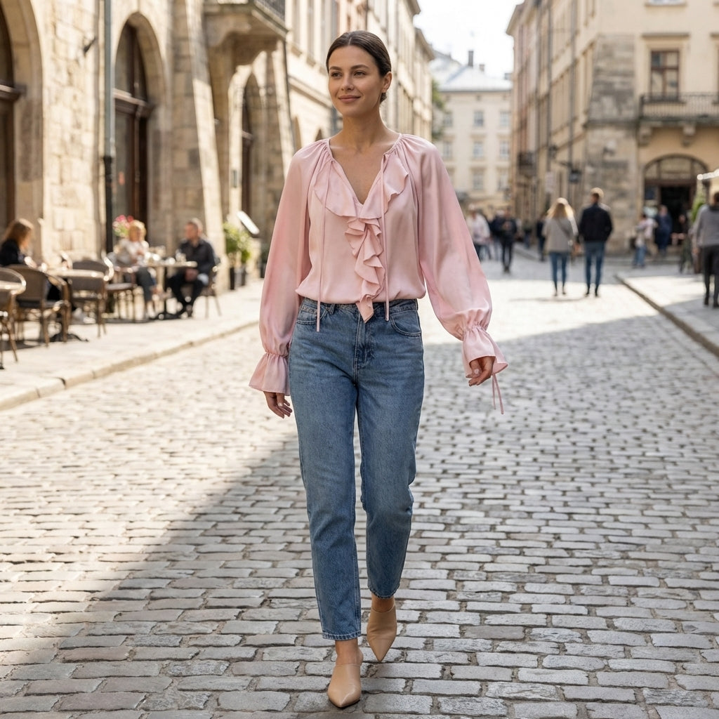 Duttini | Modern Relaxed Ruffled Horn Sleeve Blouse With Lace-Up V-Neck Detail