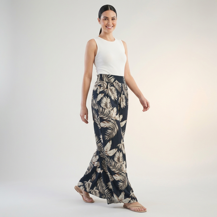 Duttini | Flowing Tropical Leaf Print Palazzo Pants With Ruched Waist And Pockets