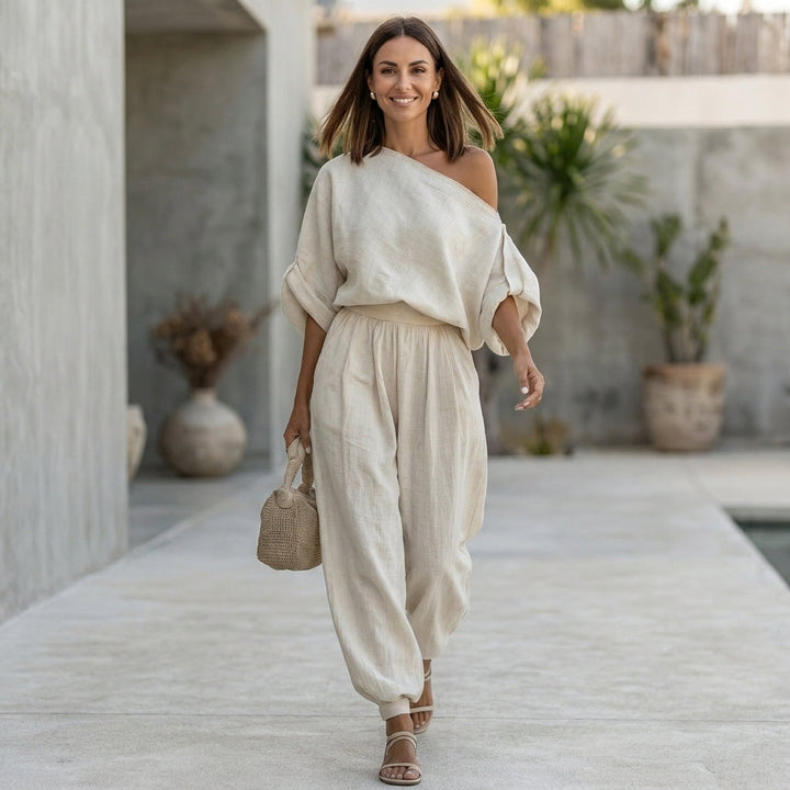 Duttini | Graceful Draped One-Shoulder Top With Voluminous Lantern Pants Set For Resort Chic