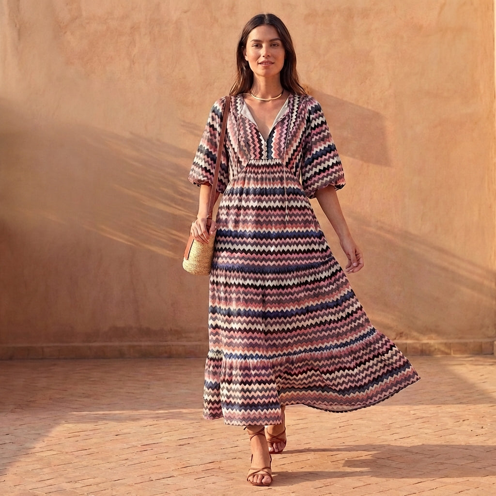 Duttini | Elegant Flowing V-Neck Midi Dress With Puff Sleeves And Tiered Skirt