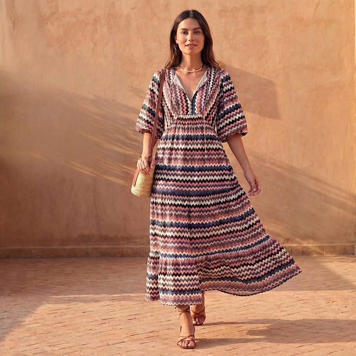 Duttini | Elegant Flowing V-Neck Midi Dress With Puff Sleeves And Tiered Skirt