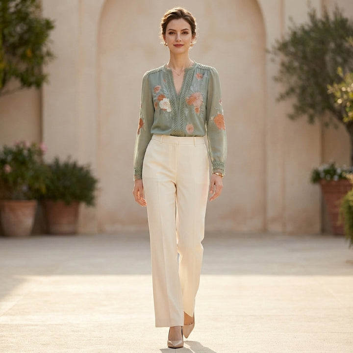 Duttini | Flowing V-Neck Floral Blouse With Delicate Lace Trim And Sheer Sleeves