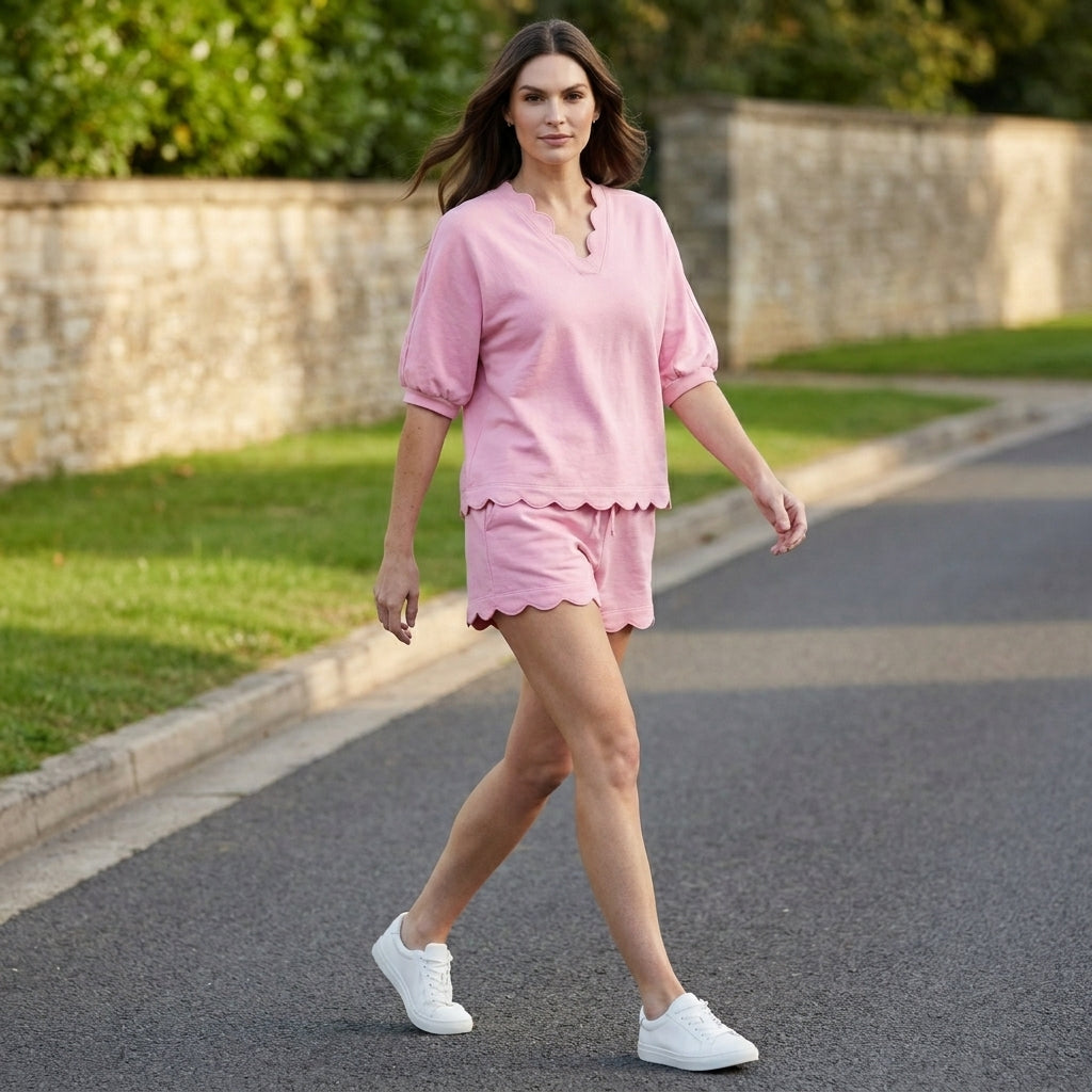 Duttini | Elegant Blush Breeze Relaxed Lounge Set With Scalloped Shorts