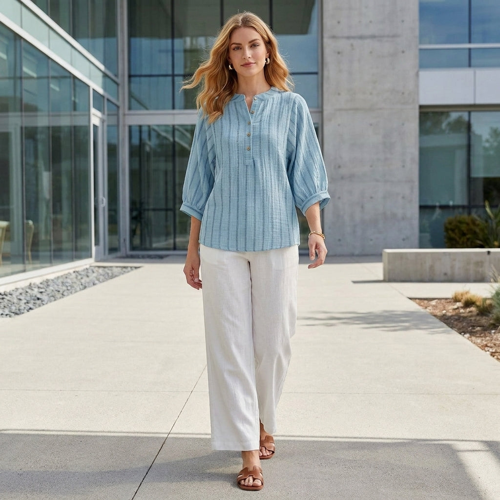 Duttini | Timeless Coastal Stripe Button-Neck Relaxed Sleeve Blouse