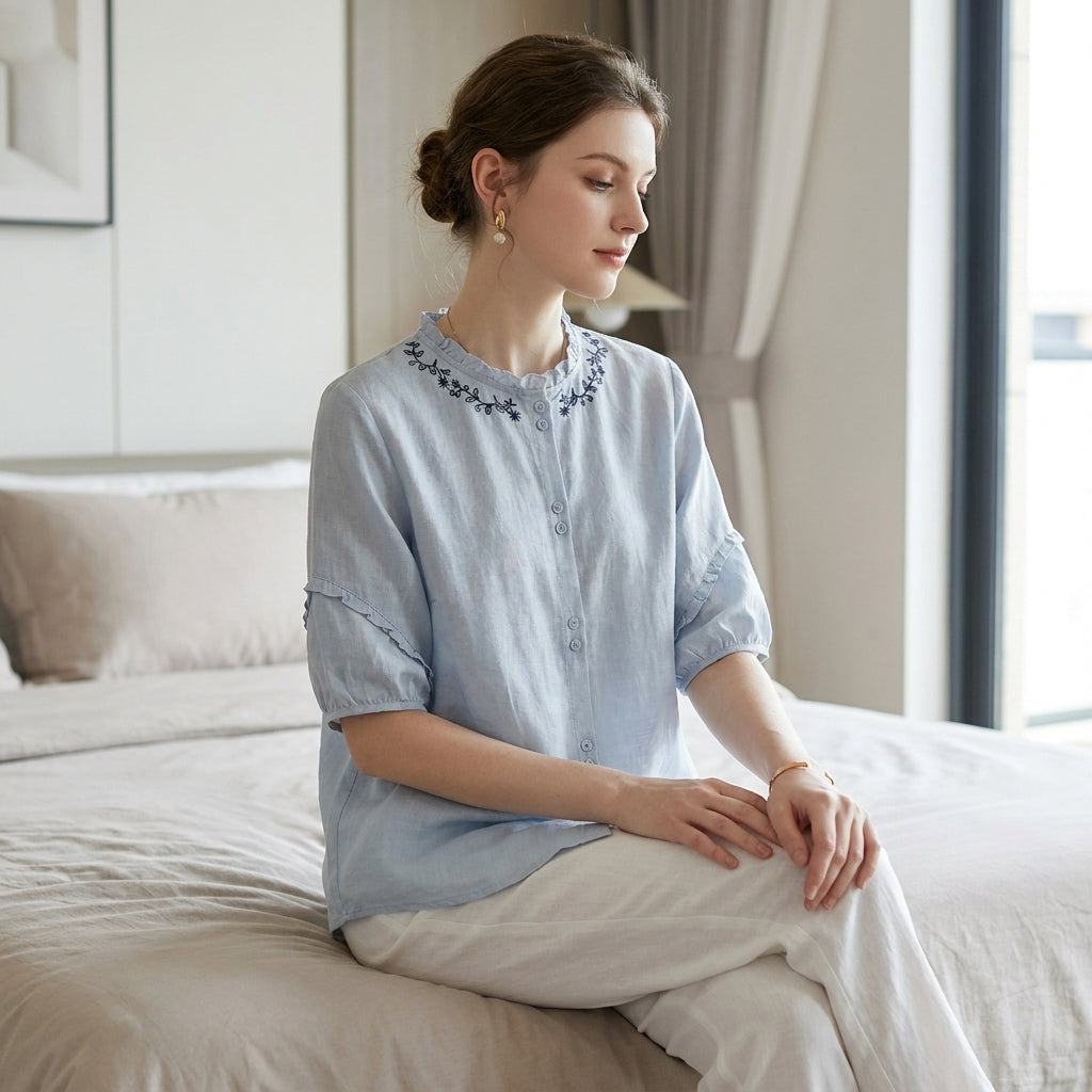 Duttini | Timeless Relaxed Embroidered Button-Up Blouse With Ruffle Trim