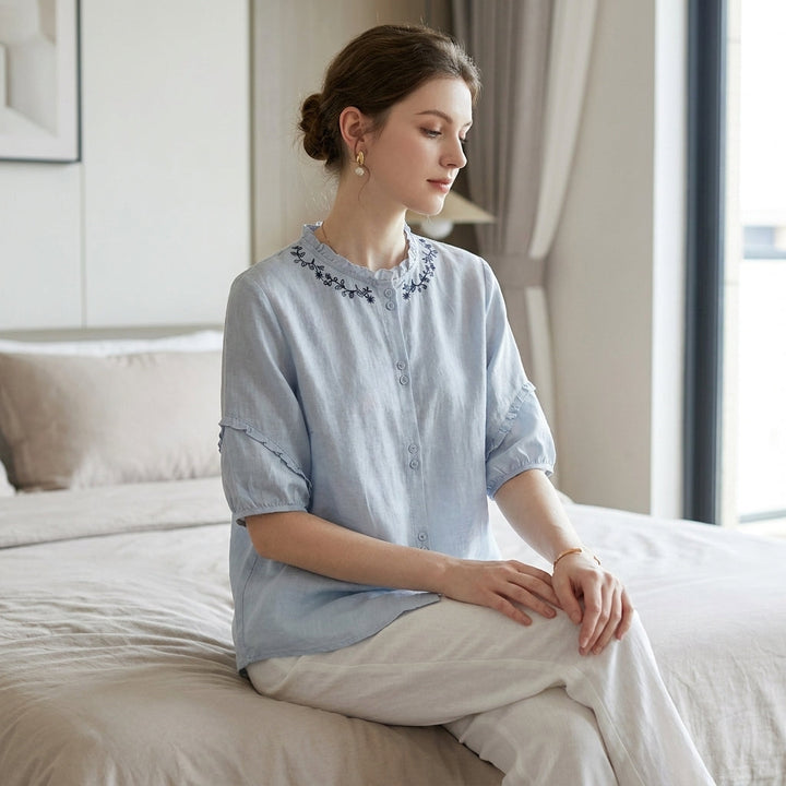 Duttini | Timeless Relaxed Embroidered Button-Up Blouse With Ruffle Trim