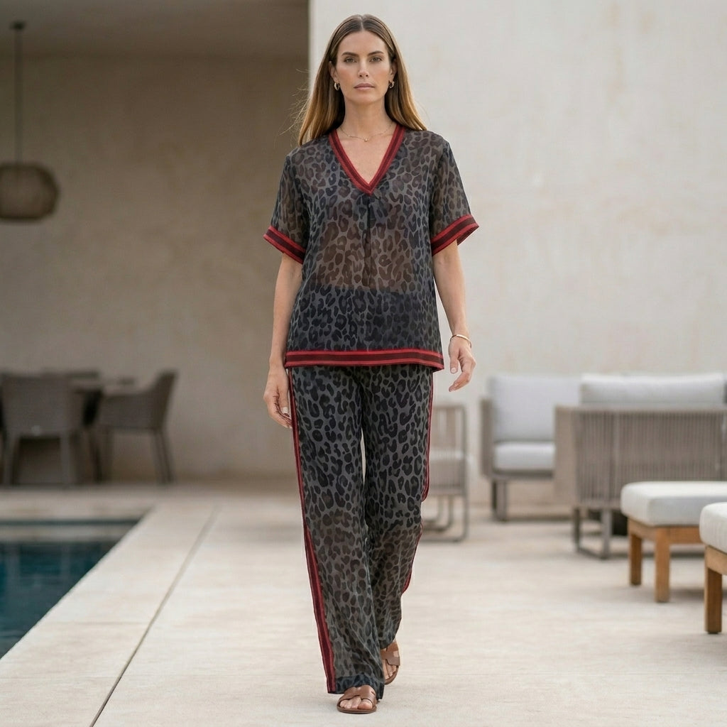Duttini | Romantic Leopard Print Chiffon Lounge Set With Relaxed Wide-Leg Silhouette