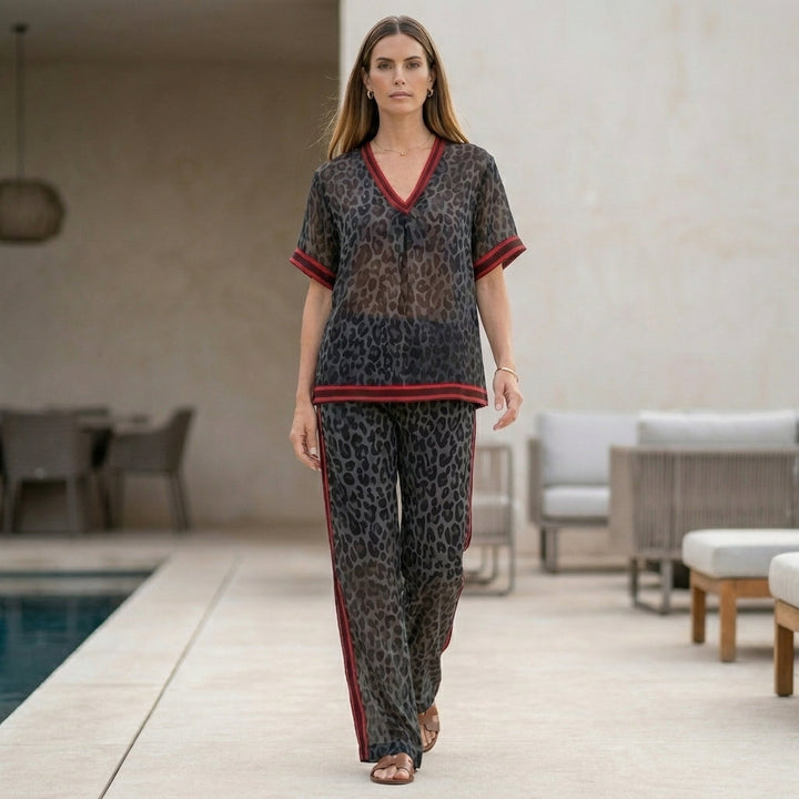 Duttini | Romantic Leopard Print Chiffon Lounge Set With Relaxed Wide-Leg Silhouette