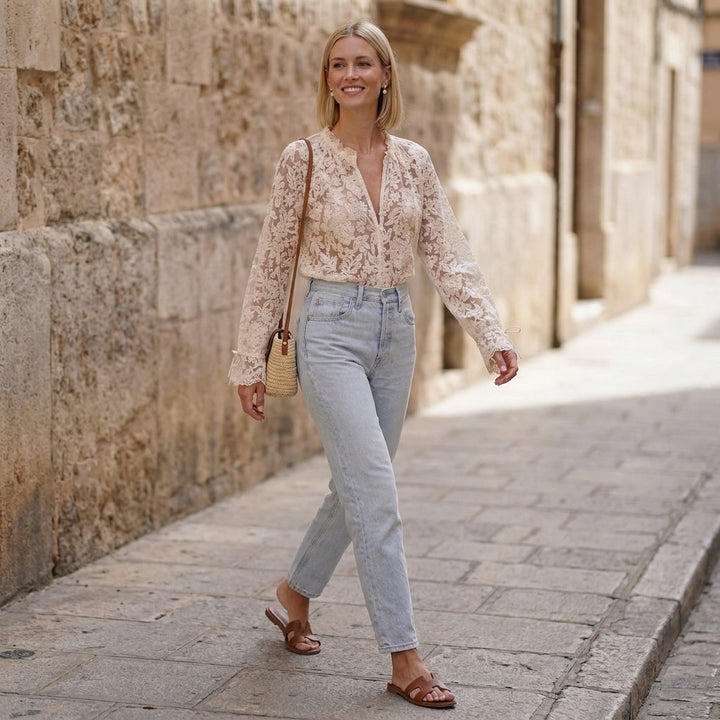 Duttini | Romantic Floral Lace Button-Front Blouse With Flared Sleeves