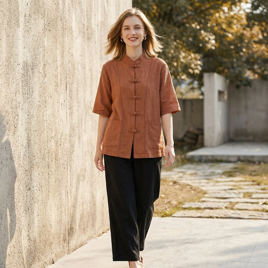 Duttini | Graceful Minimalist Mandarin Collar Blouse With Elegant Knot Button Detail