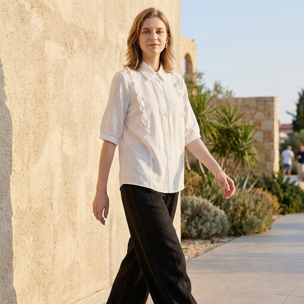 Duttini | Flowing Ruffle Detail Button-Up Blouse With Relaxed Elegant Fit