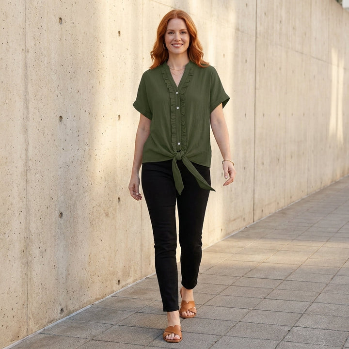 Duttini | Flowing Willow Grace Ruffle Trim Tie-Front Blouse